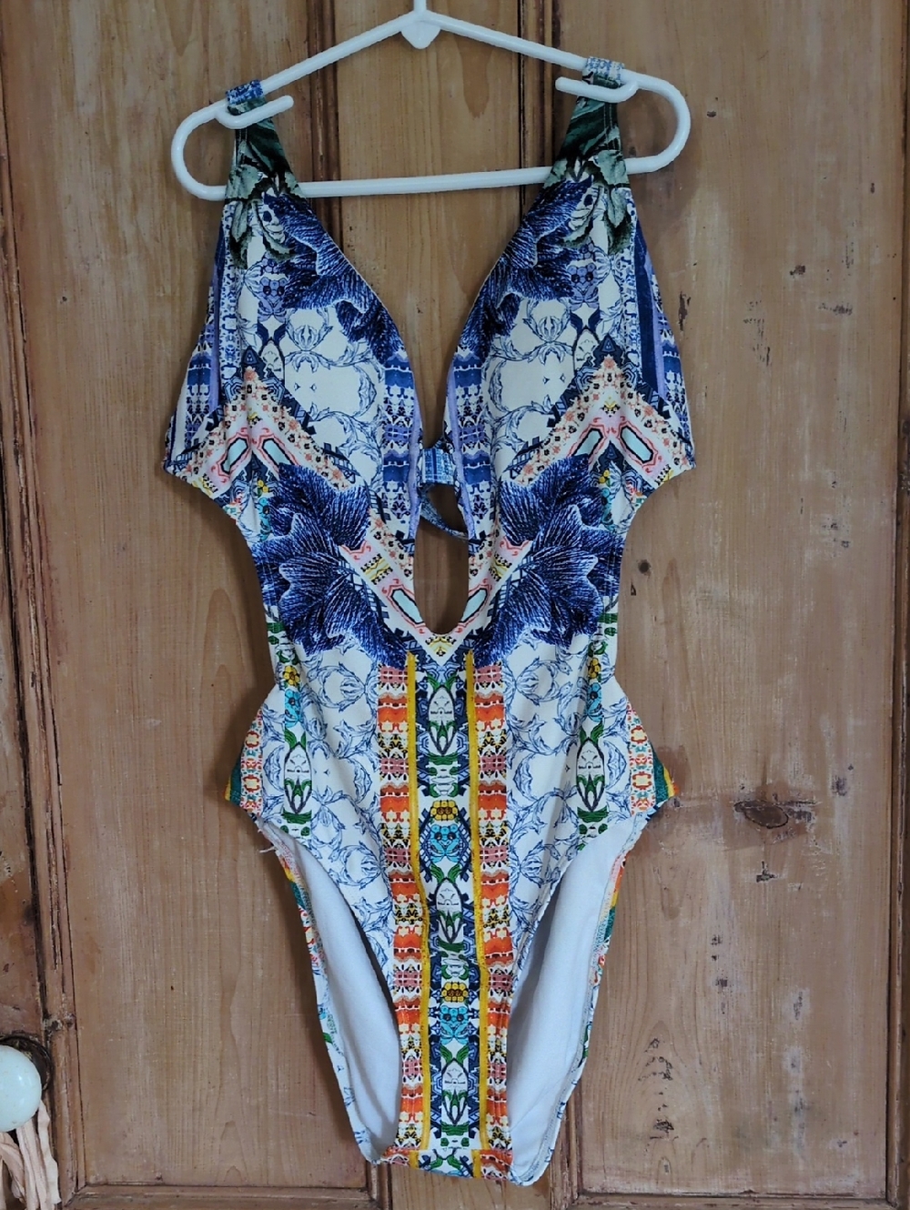 Multicolor One-Piece Swimsuit with Floral & Geometric Print